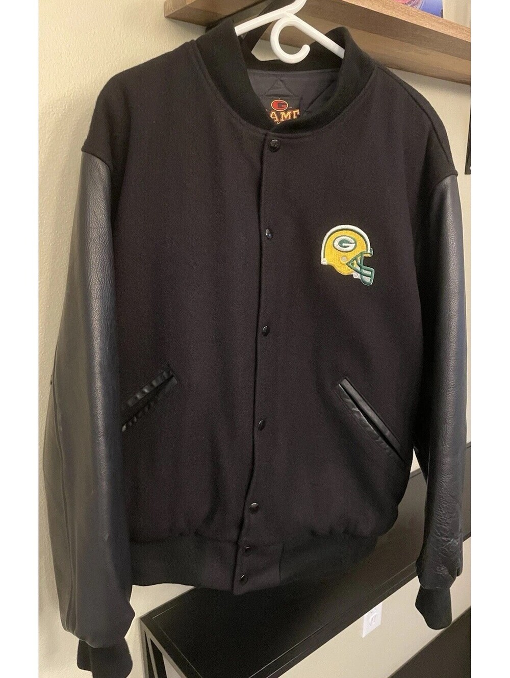 Vintage Men’s Game Leather & Wool Green Bay Packers Jacket Heavy Size XL Black